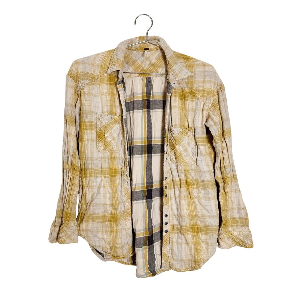 Free People Im The One Plaid Flannel Shirt Mustard Yellow Beige Womens Size XS